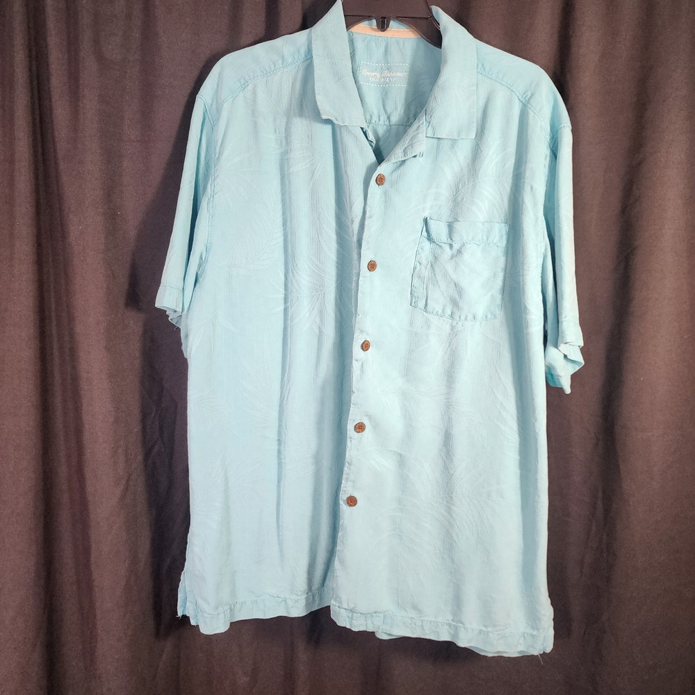 Tommy Bahama Silk Button Down Shirt Blue Leaf Print Original Fit Men's Large